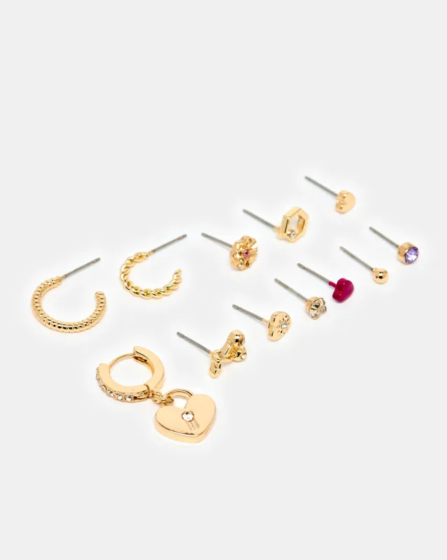 Women Gold Embellished Earring Set (12 Pairs) sold by Redtag