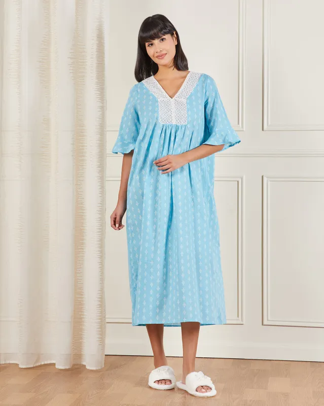 Women Blue Nightgown With Lace sold by Redtag