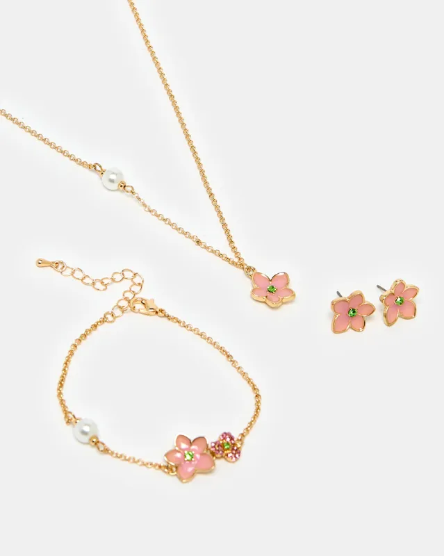 Women Gold Floral Embellished Jewelry Set (3 Piece) sold by Redtag