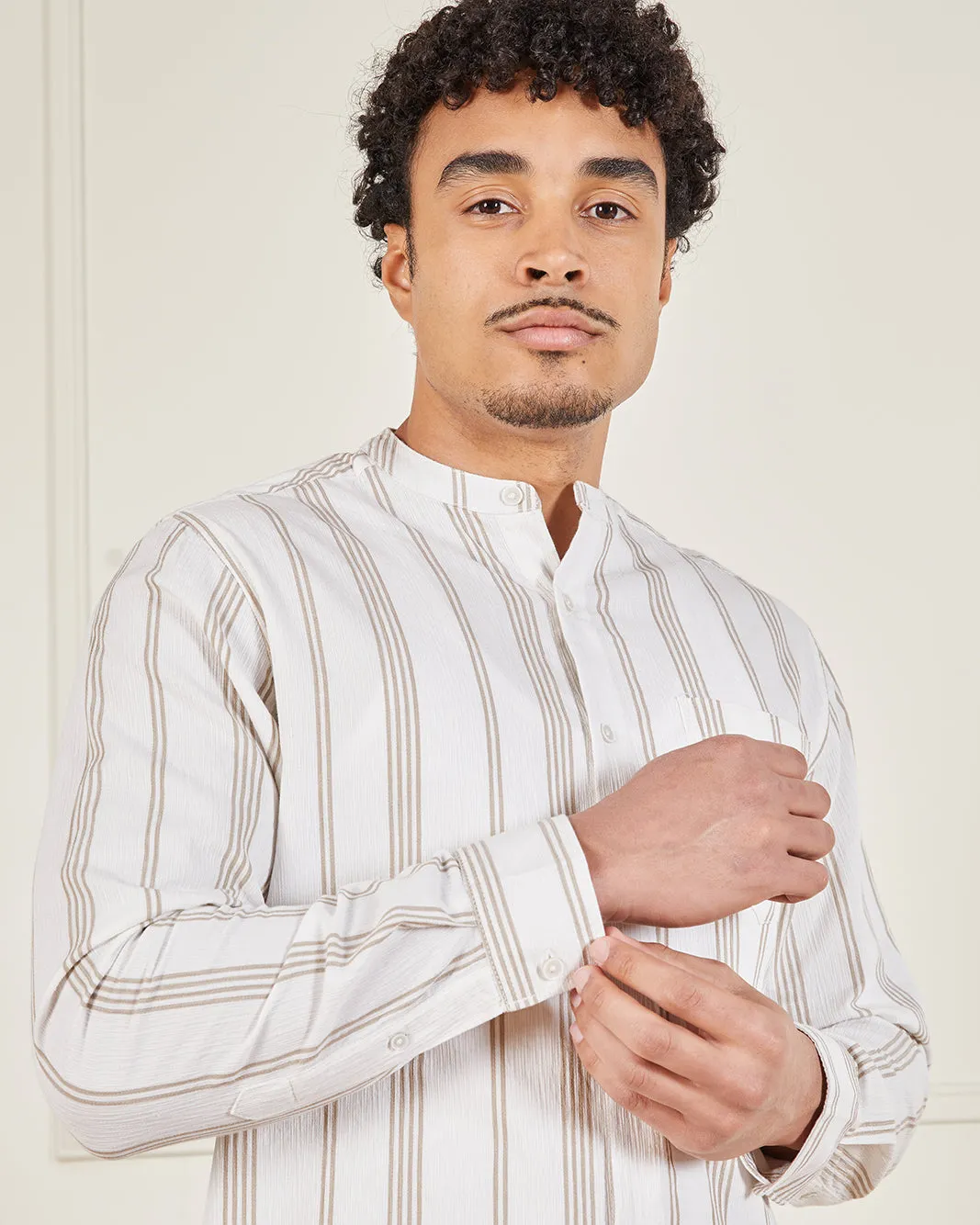 Men Beige And White Mandarin Collar Shirt sold by Redtag product image thumbnail 4