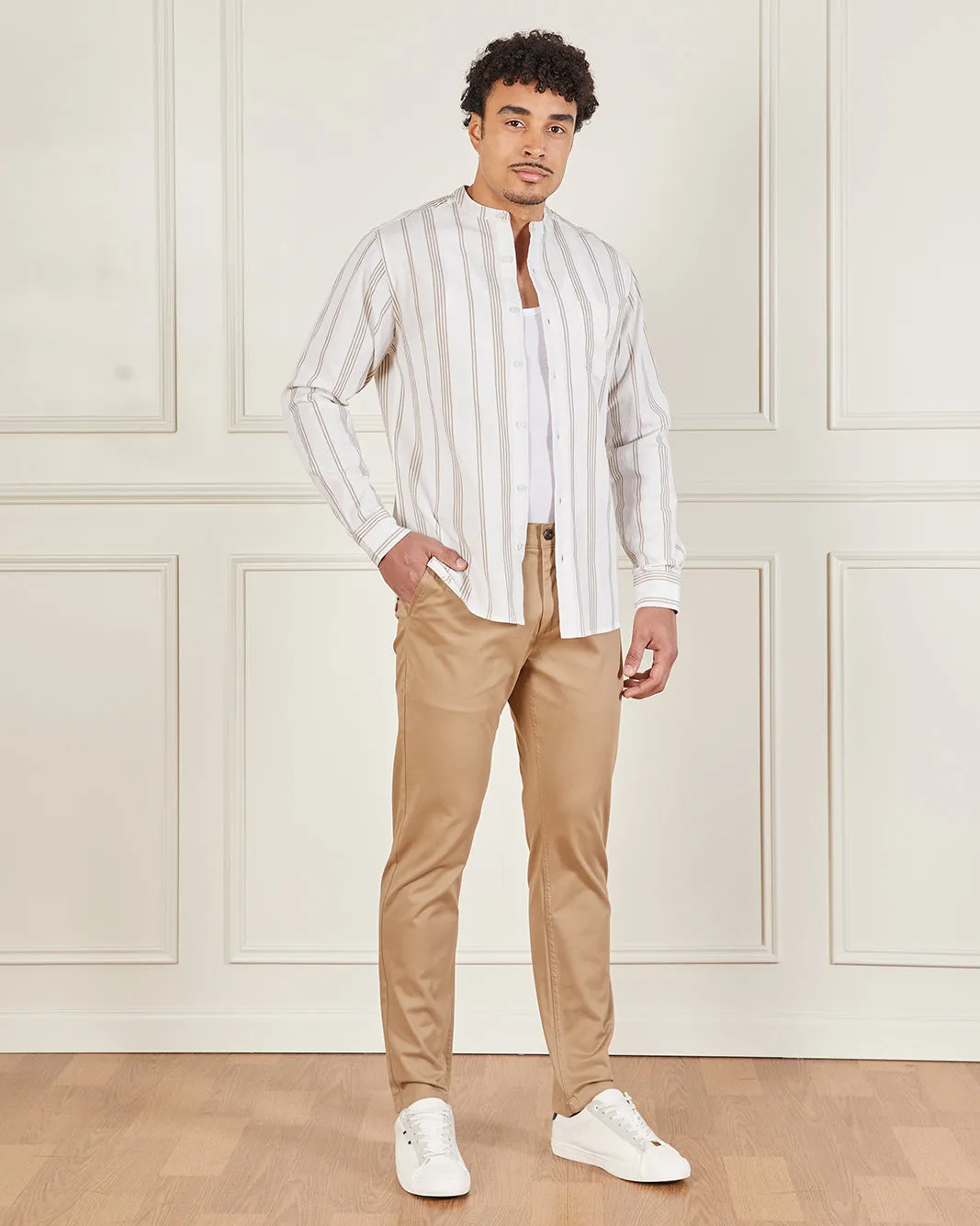 Men Beige And White Mandarin Collar Shirt sold by Redtag product image thumbnail 2