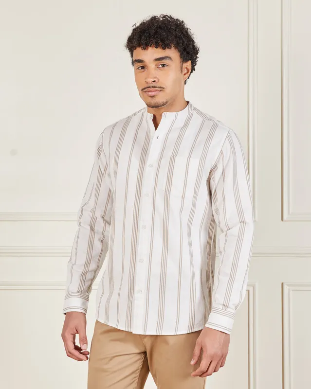 Men Beige And White  Mandarin Collar Shirt made by Redtag