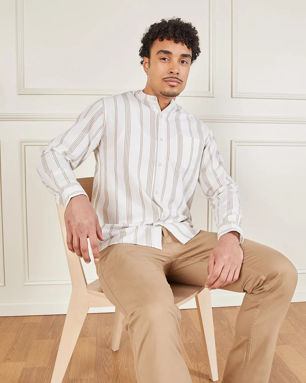 Men Beige And White Mandarin Collar Shirt sold by Redtag product image thumbnail 5