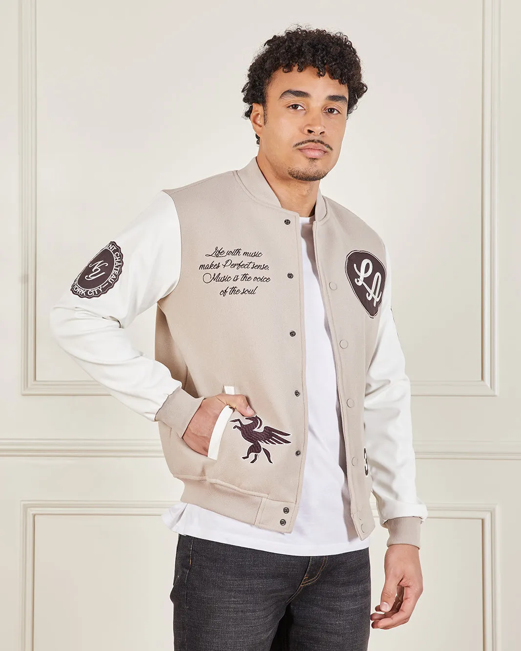 Men White And Beige Melton Baseball Jacket sold by Redtag