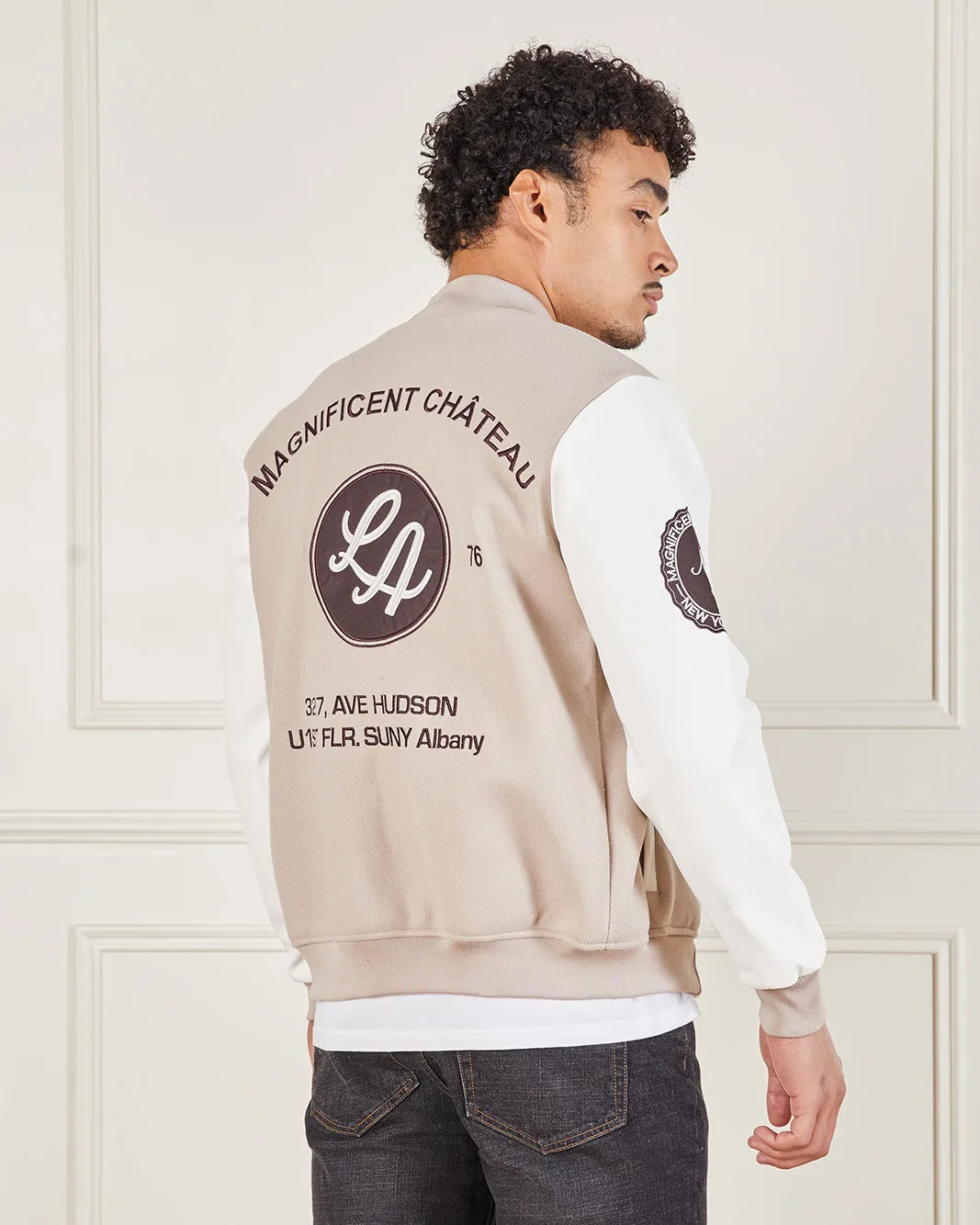 Men White And Beige Melton Baseball Jacket sold by Redtag product image thumbnail 3