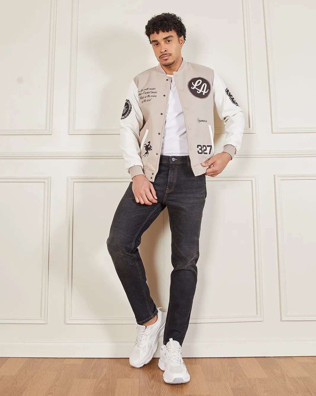 Men White And Beige Melton Baseball Jacket sold by Redtag product image thumbnail 5