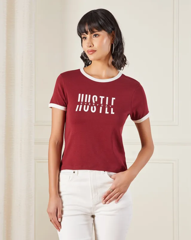 Women Burgundy Printed T-shirt sold by Redtag