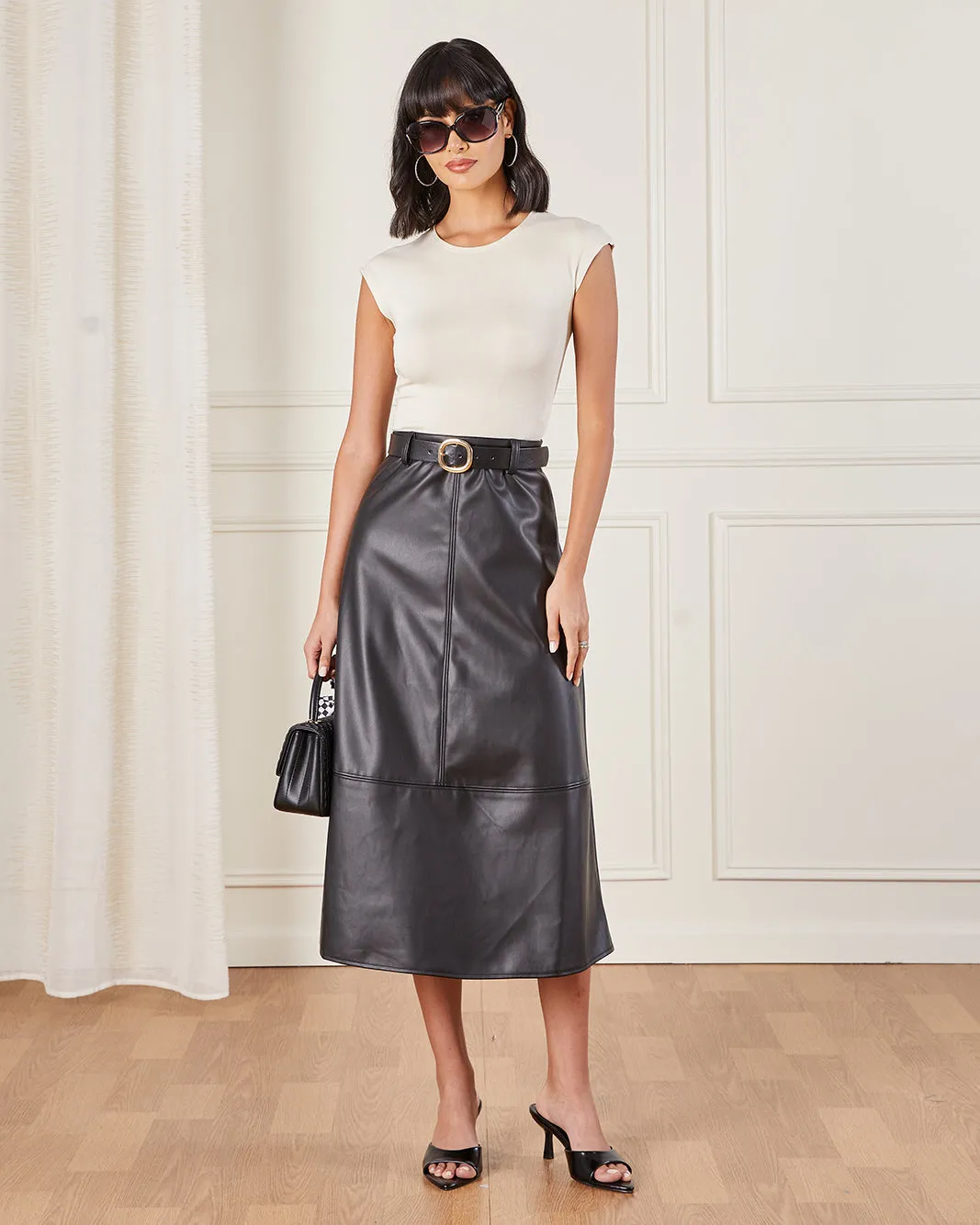 Women Black Flared Belted Pu Skirt sold by Redtag product image thumbnail 2