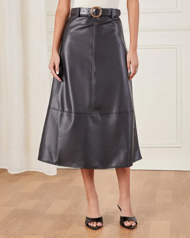 Women Black Flared Belted Pu Skirt sold by Redtag