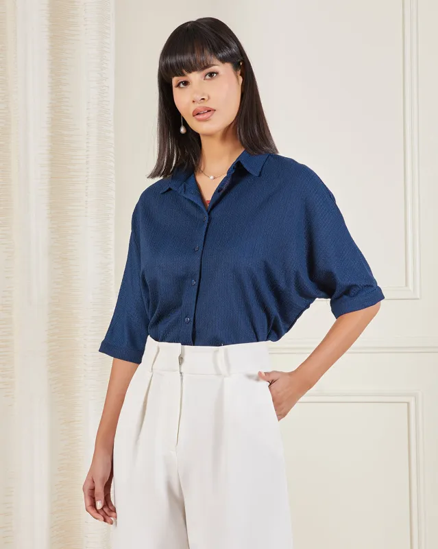 Women Navy Solid Collared Casual Blouse sold by Redtag
