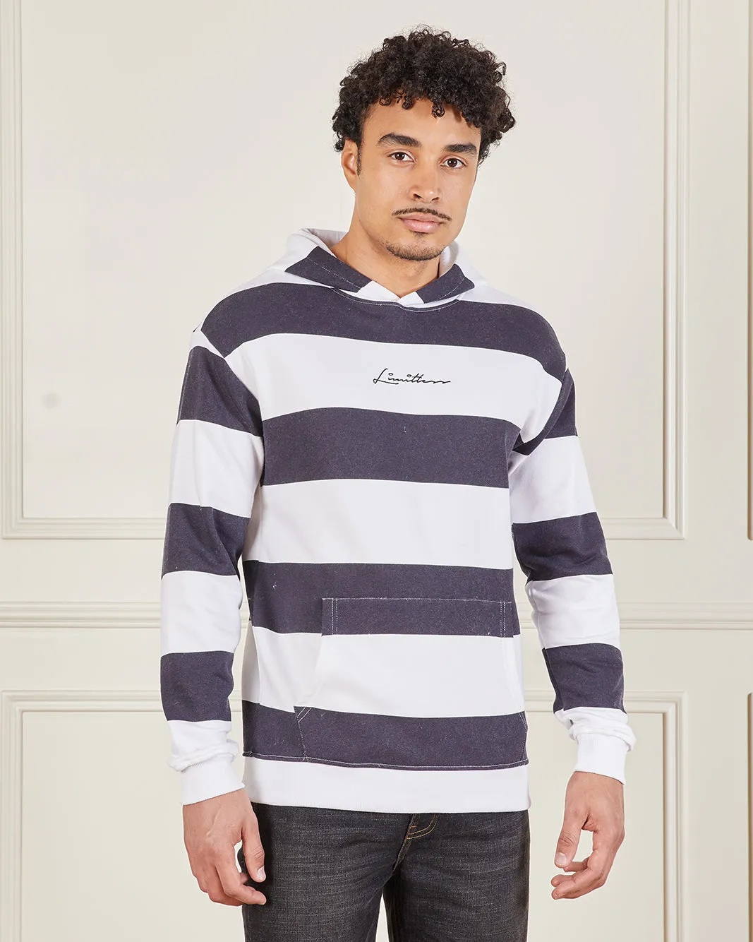 Men Navy And White Striped Hooded Sweatshirt sold by Redtag