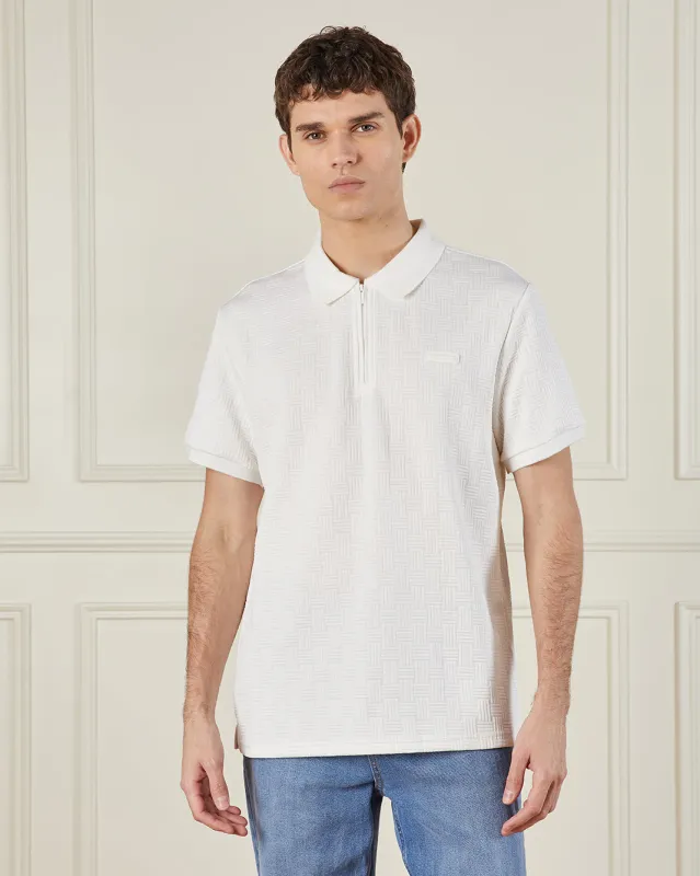 Men White Zip Placket Jacquard Polo Shirt sold by Redtag