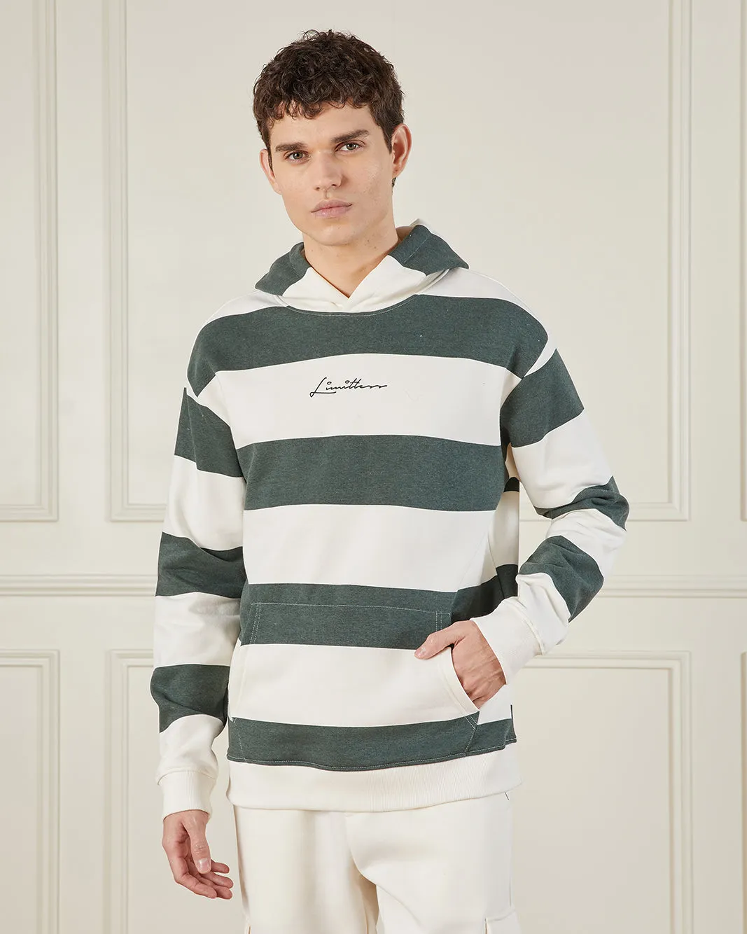 Men Green And White Striped Hooded Sweatshirt sold by Redtag