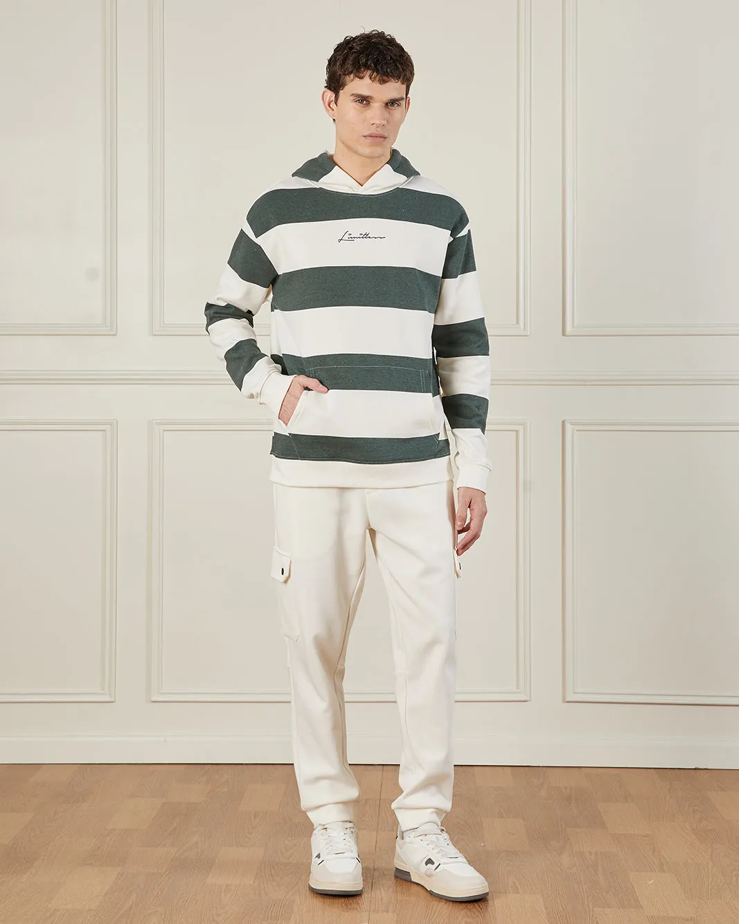 Men Green And White Striped Hooded Sweatshirt sold by Redtag product image thumbnail 2