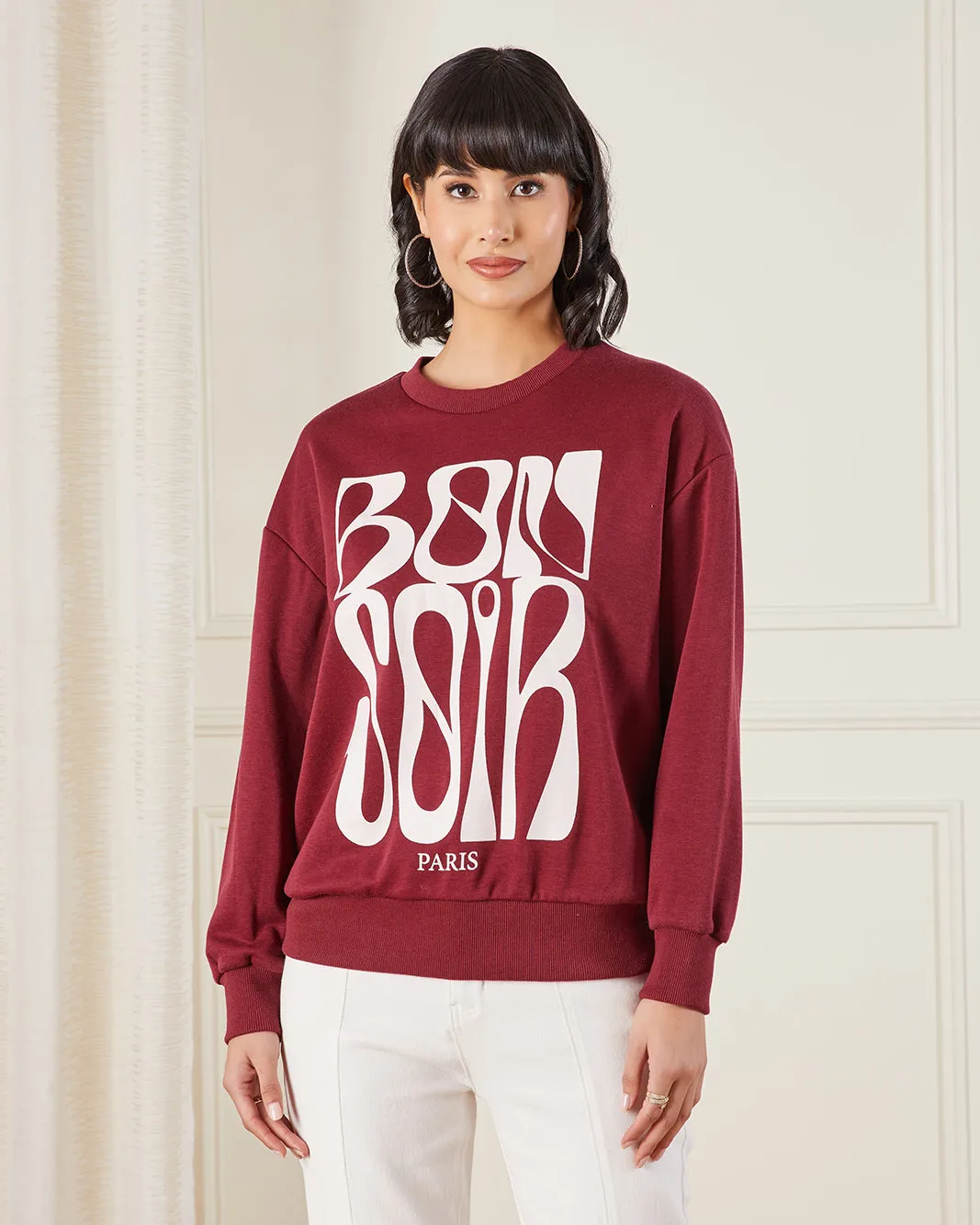 Women Burgundy Printed Sweatshirt sold by Redtag