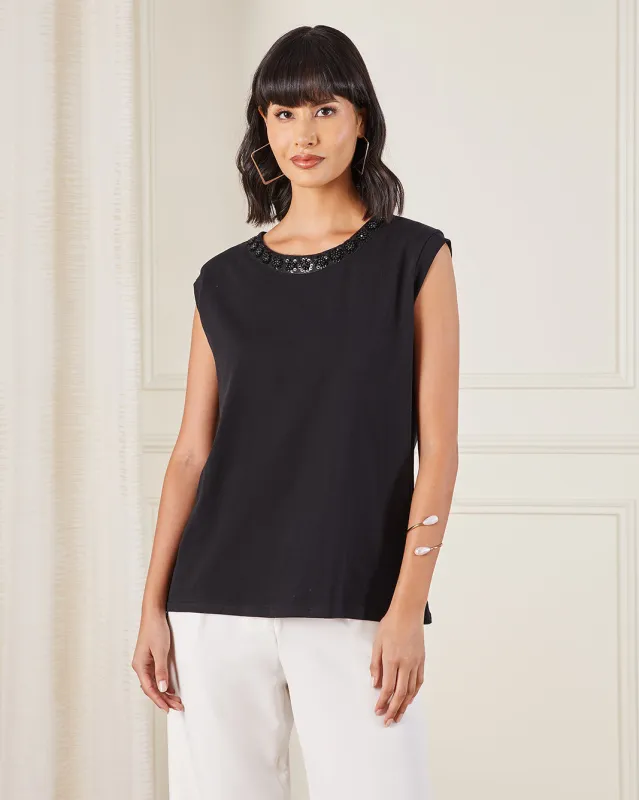 Women Black Sequin Collar Jersey Top sold by Redtag