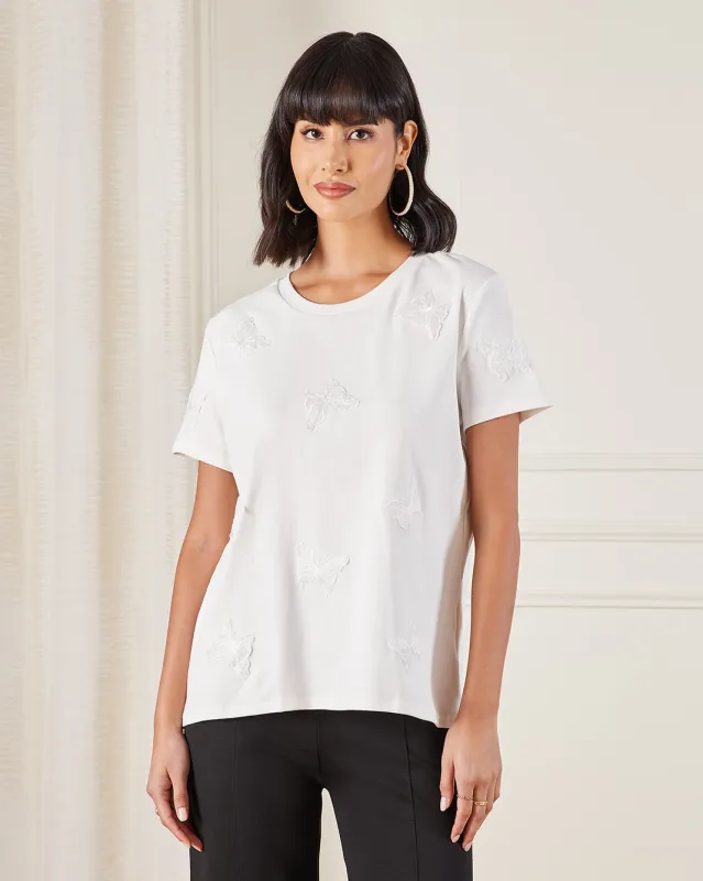 Women White Butterfly Embroidered Jersey Top sold by Redtag