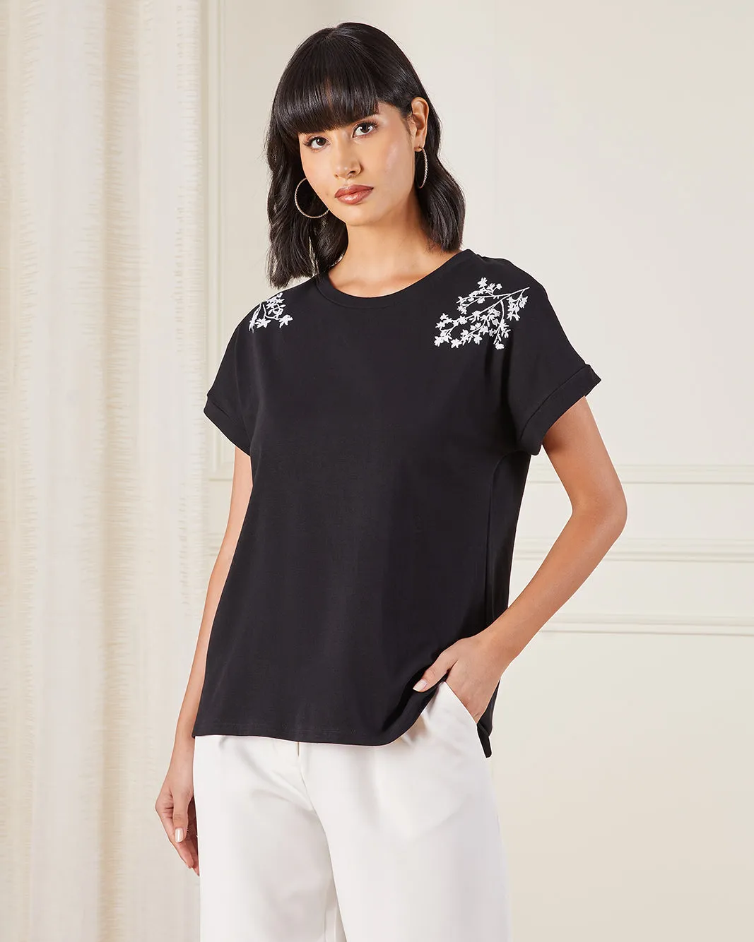 Women Black Floral Embroidery Jersey Top sold by Redtag