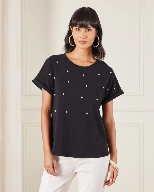 Women Black Pearl Jersey Top sold by Redtag