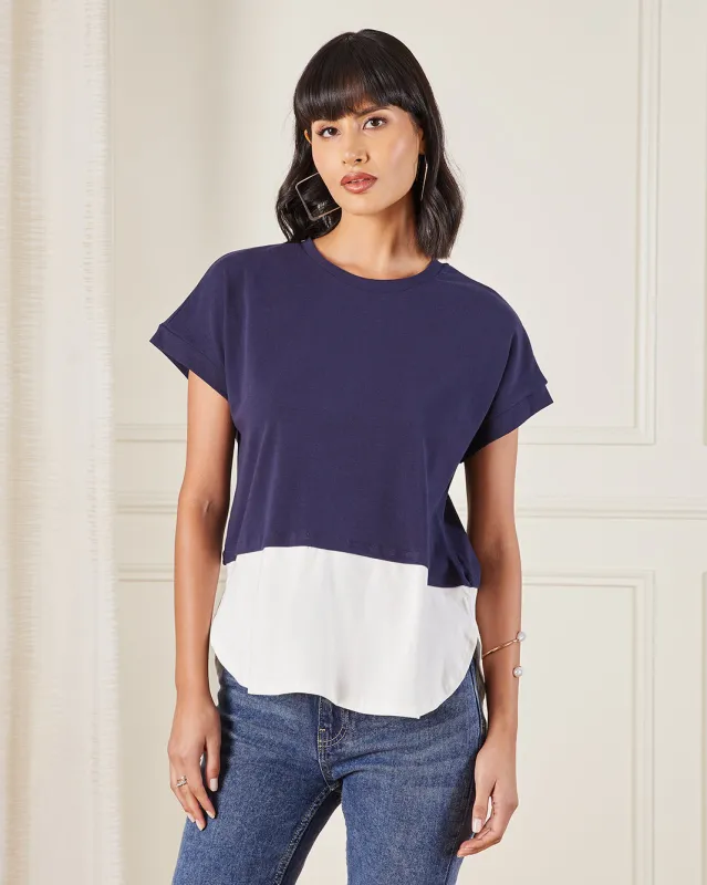Women Navy And White Jersey Top sold by Redtag