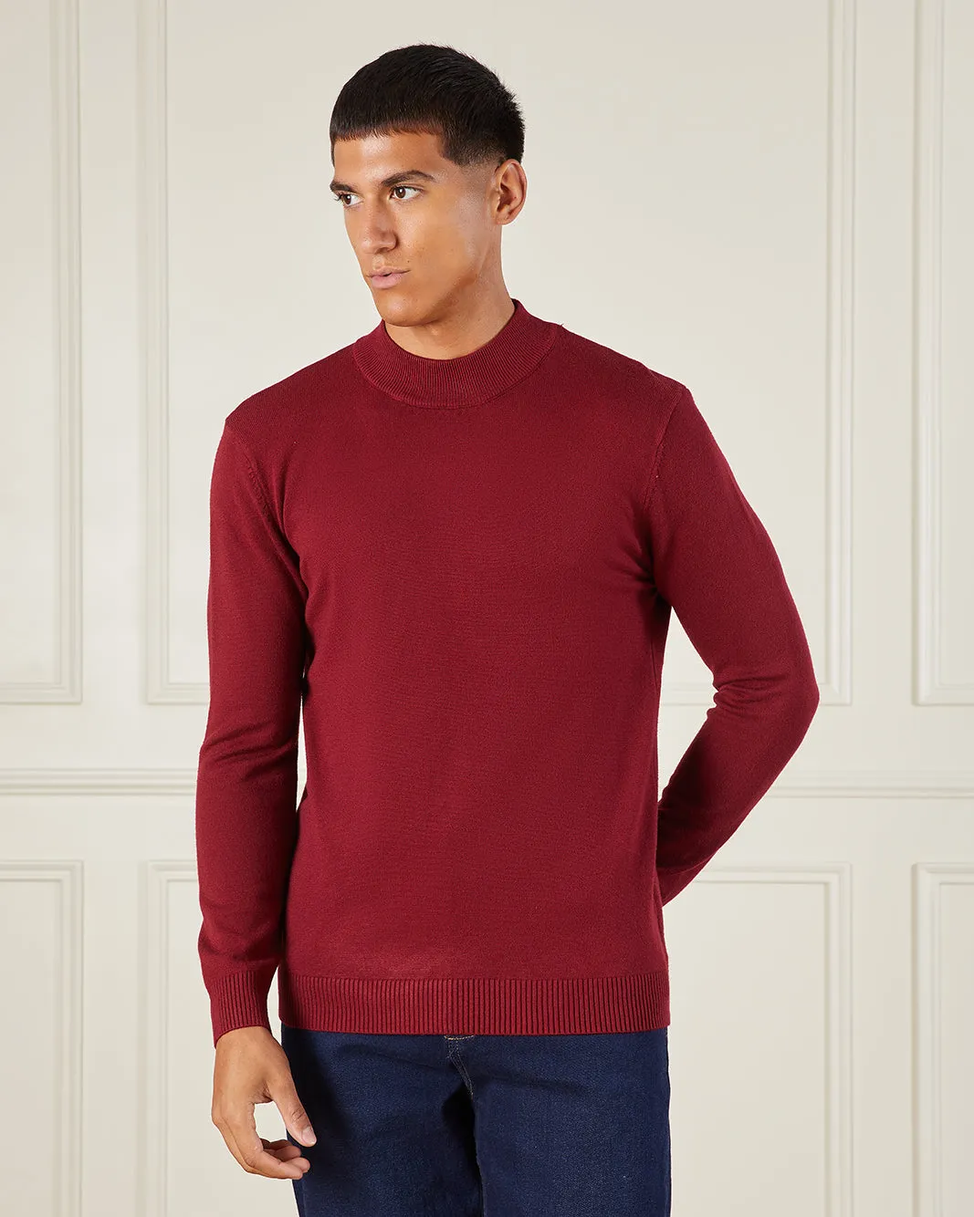 Men Burgundy High Neck Sweater sold by Redtag