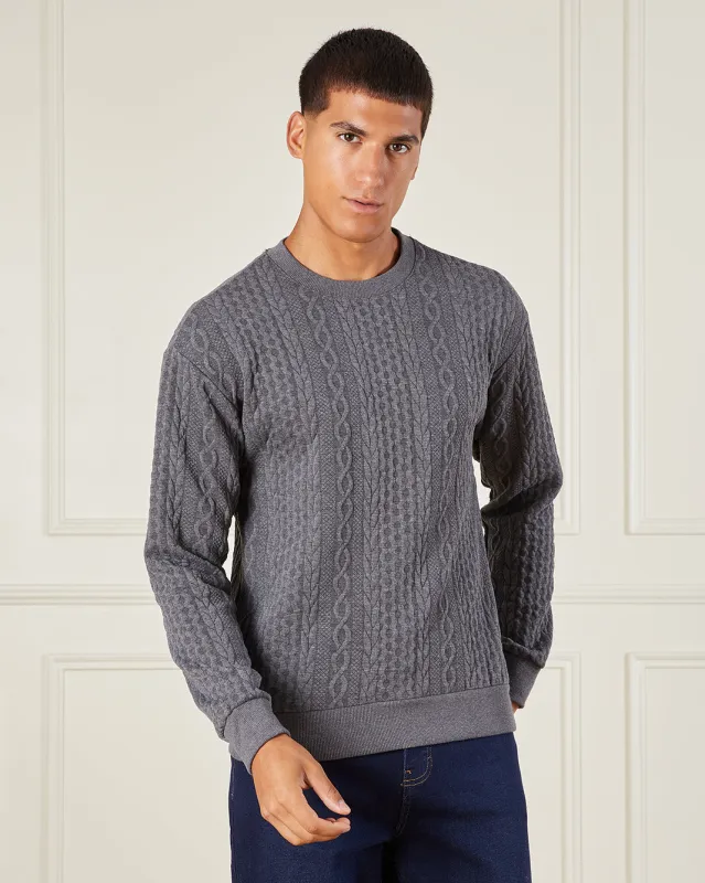 Men Charcoal Jacquard Crew Neck Sweatshirt sold by Redtag