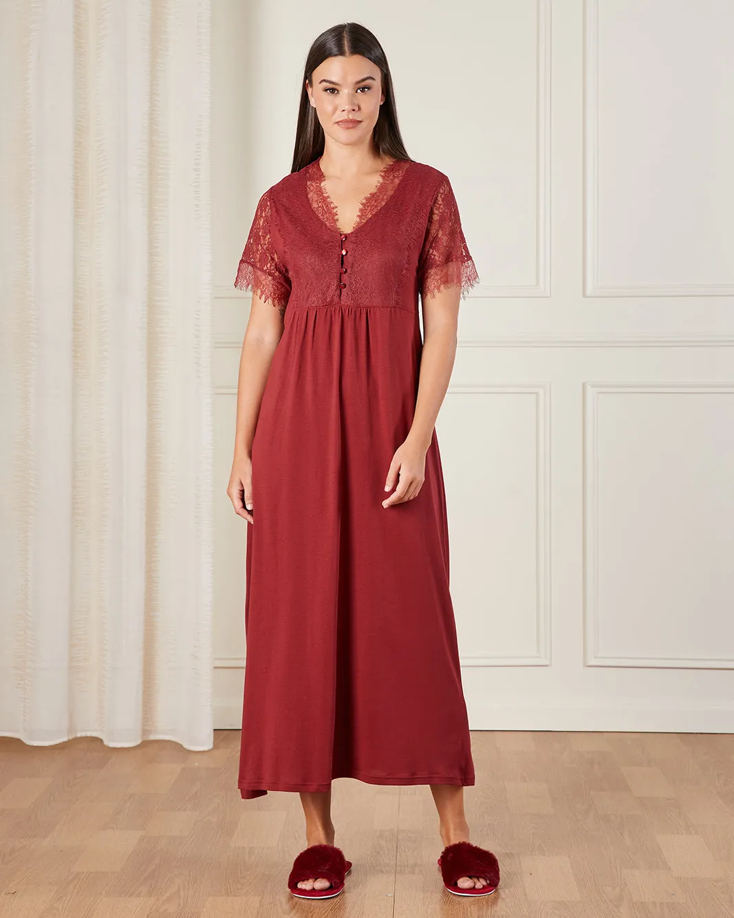 Women Red Lace Nightgown sold by Redtag