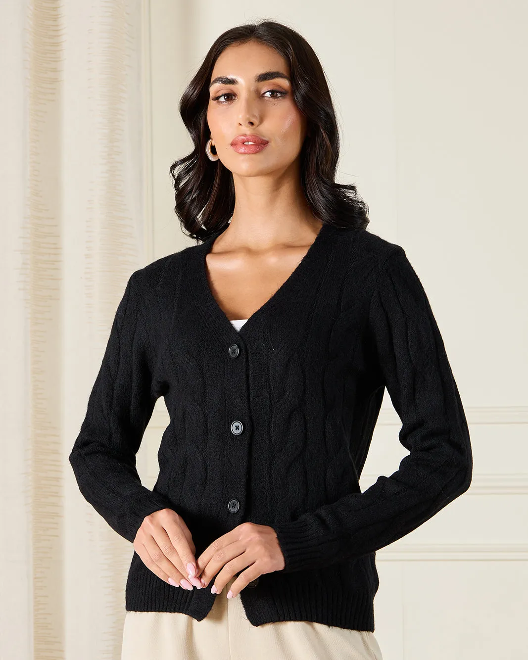 Women Black V-Neck Cable Knitted Cardigan sold by Redtag