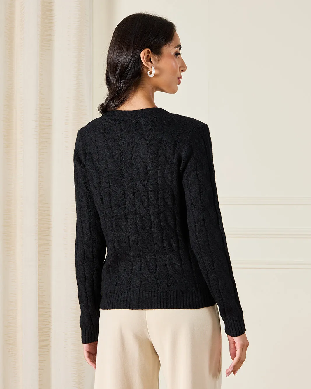 Women Black V-Neck Cable Knitted Cardigan sold by Redtag product image thumbnail 3