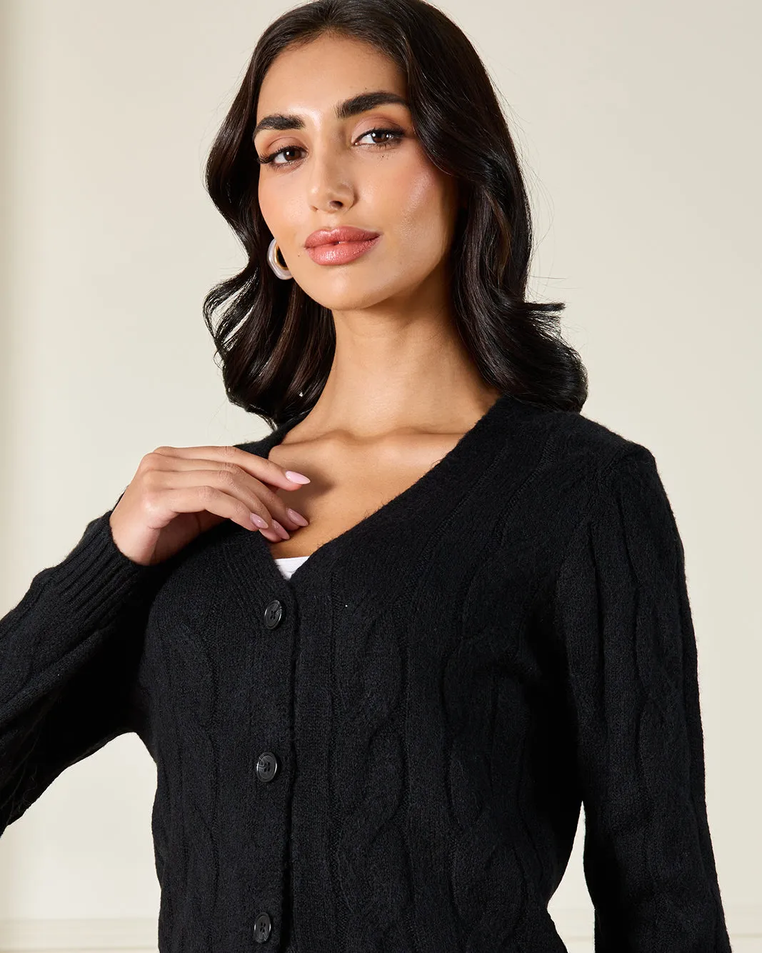 Women Black V-Neck Cable Knitted Cardigan sold by Redtag product image thumbnail 4