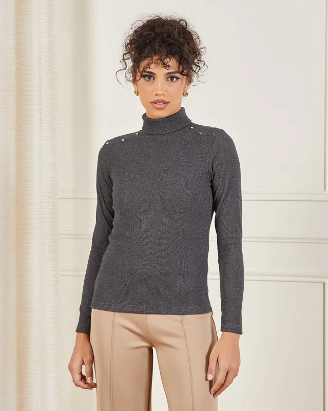 Women Charcoal High Neck With Front Stud Detailing Pull Over sold by Redtag