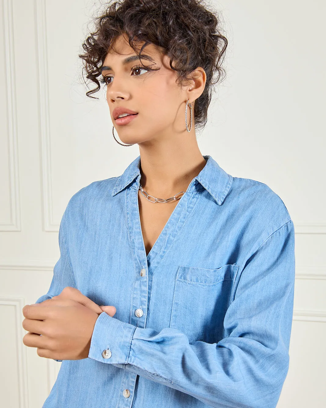 Women Blue Plain Denim Shirt sold by Redtag product image thumbnail 4