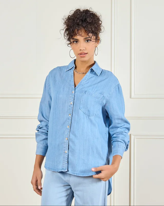 Women Blue Plain Denim Shirt sold by Redtag