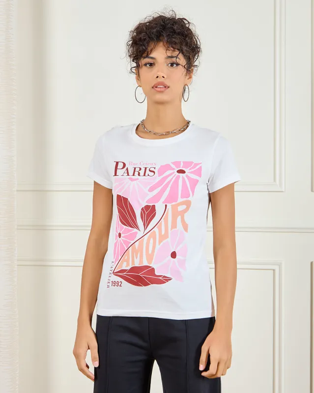 Women White Paris Amour Printed T-Shirt sold by Redtag