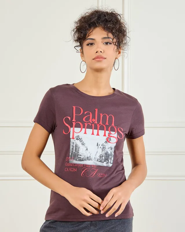 Women Brown Palm Springs Printed T-Shirt sold by Redtag