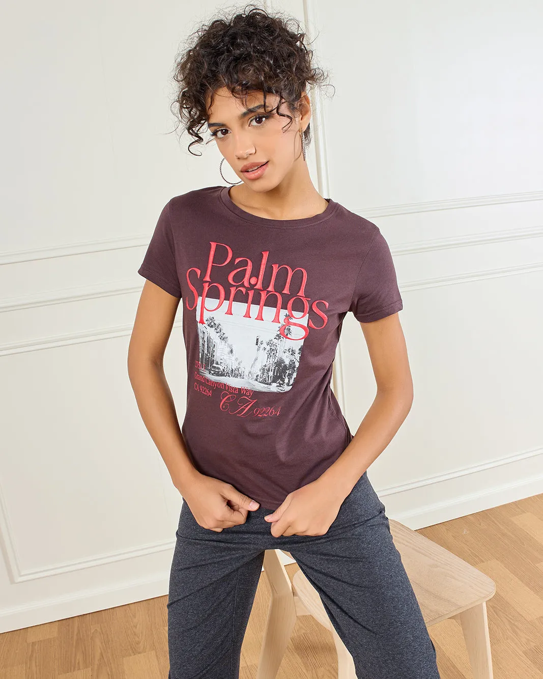 Women Brown Palm Springs Printed T-Shirt sold by Redtag product image thumbnail 5