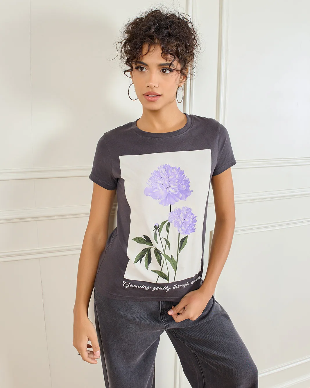 Women Charcoal Floral Printed T-Shirt sold by Redtag product image thumbnail 5