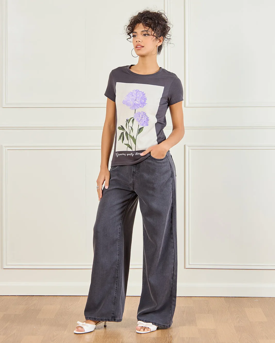 Women Charcoal Floral Printed T-Shirt sold by Redtag product image thumbnail 2