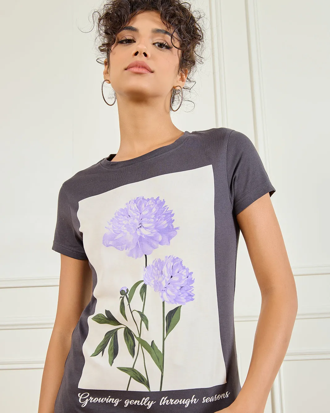 Women Charcoal Floral Printed T-Shirt sold by Redtag product image thumbnail 4