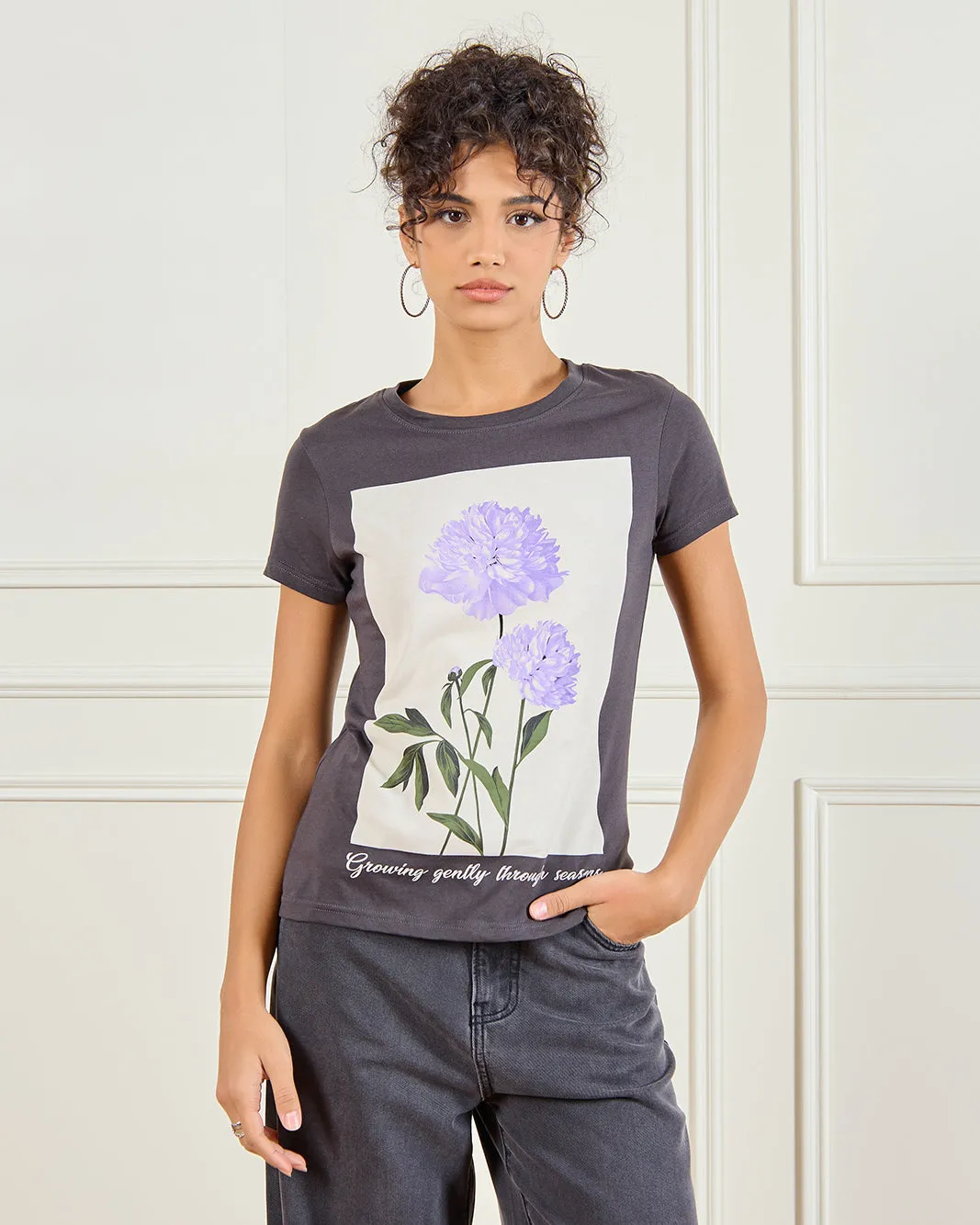 Women Charcoal Floral Printed T-Shirt sold by Redtag