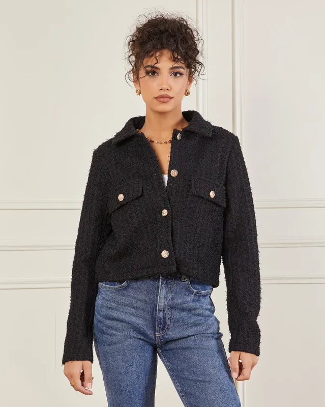 Women Black Jacquard Tweed Button Jacket sold by Redtag