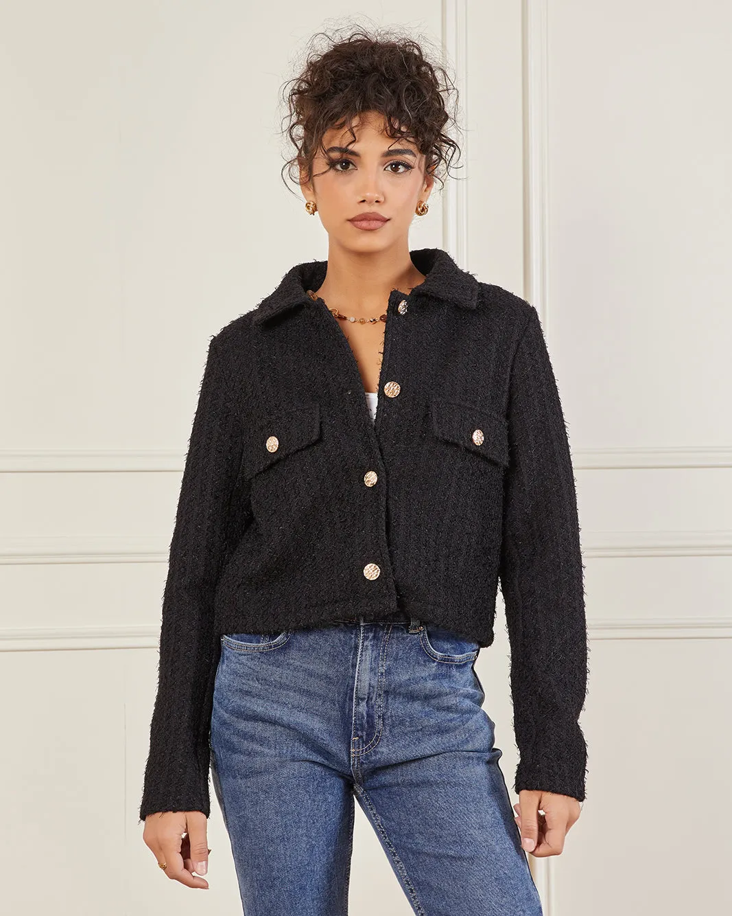 Women Black Jacquard Tweed Button Jacket sold by Redtag