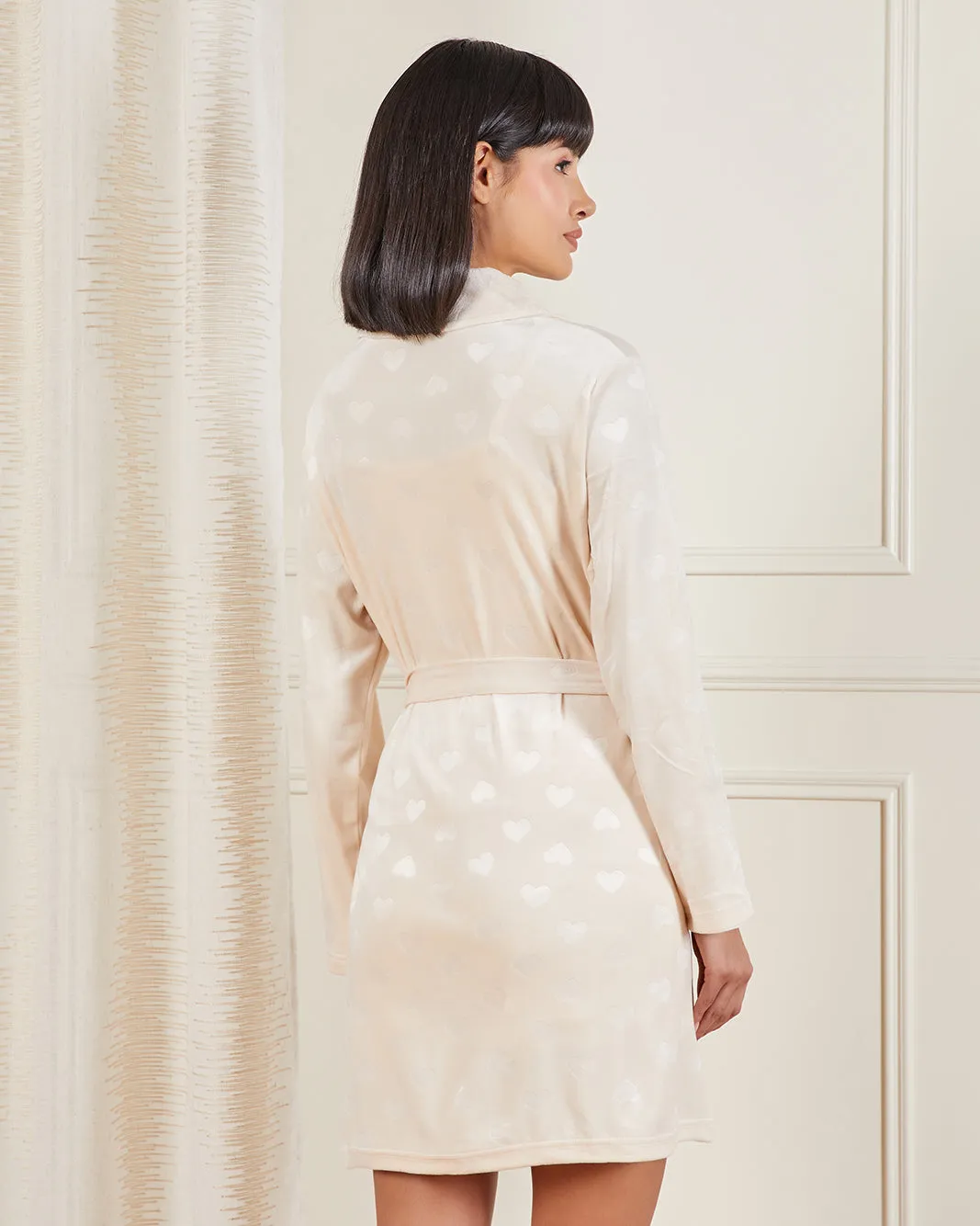 Women Cream Heart Print Belted Velour Robe sold by Redtag product image thumbnail 3