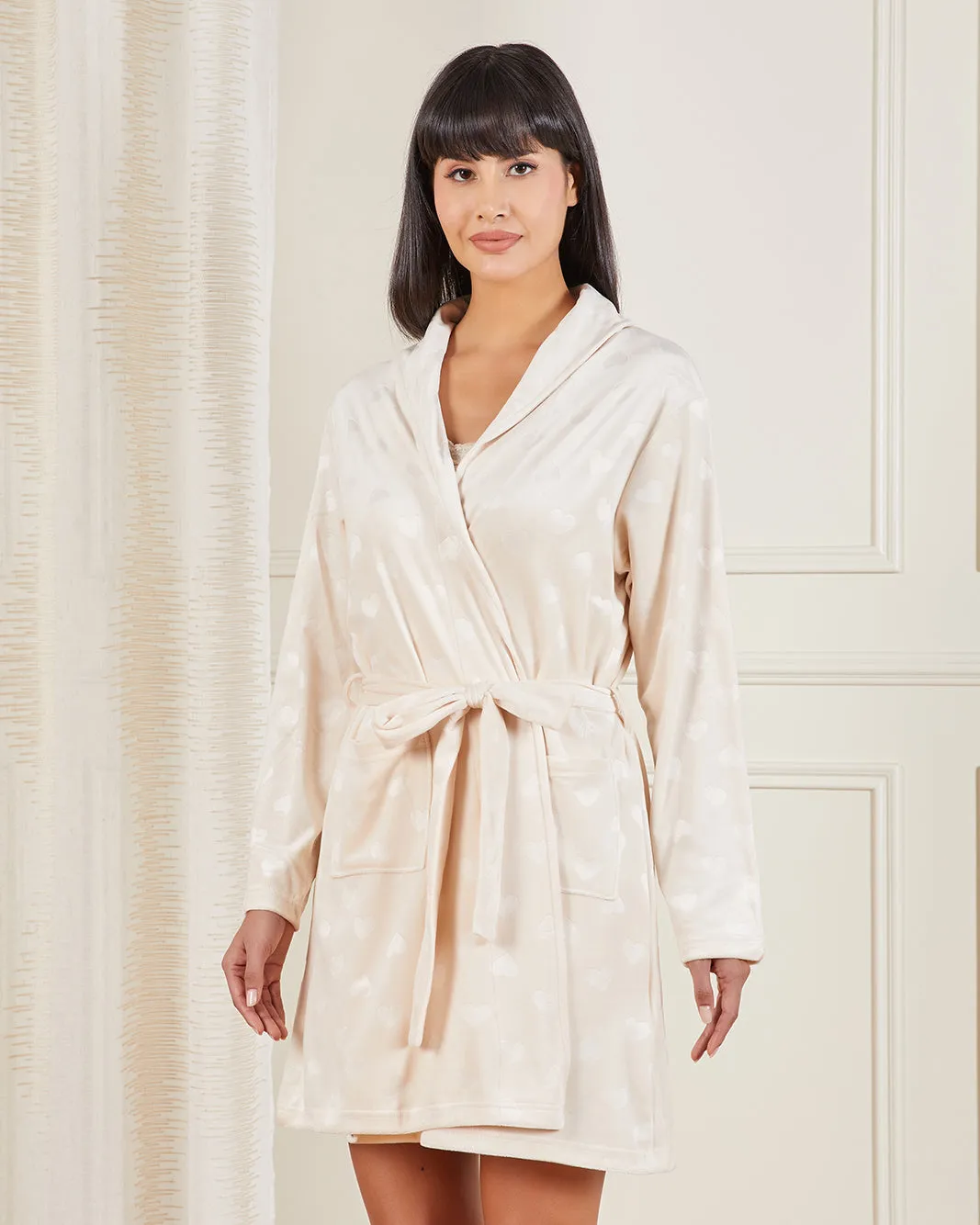 Women Cream Heart Print Belted Velour Robe sold by Redtag