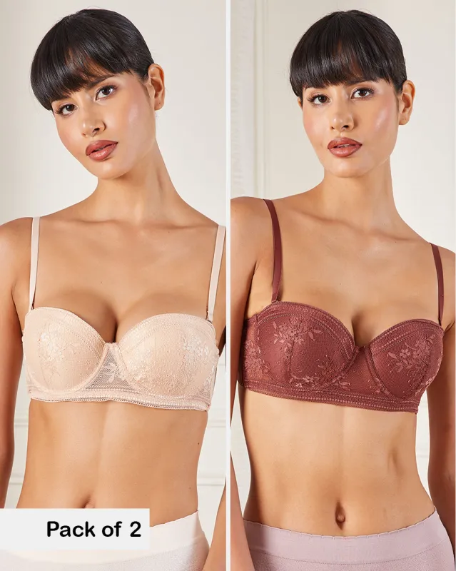 Women Ivory And Brown Balconette Bras Set (Pack of 2) sold by Redtag