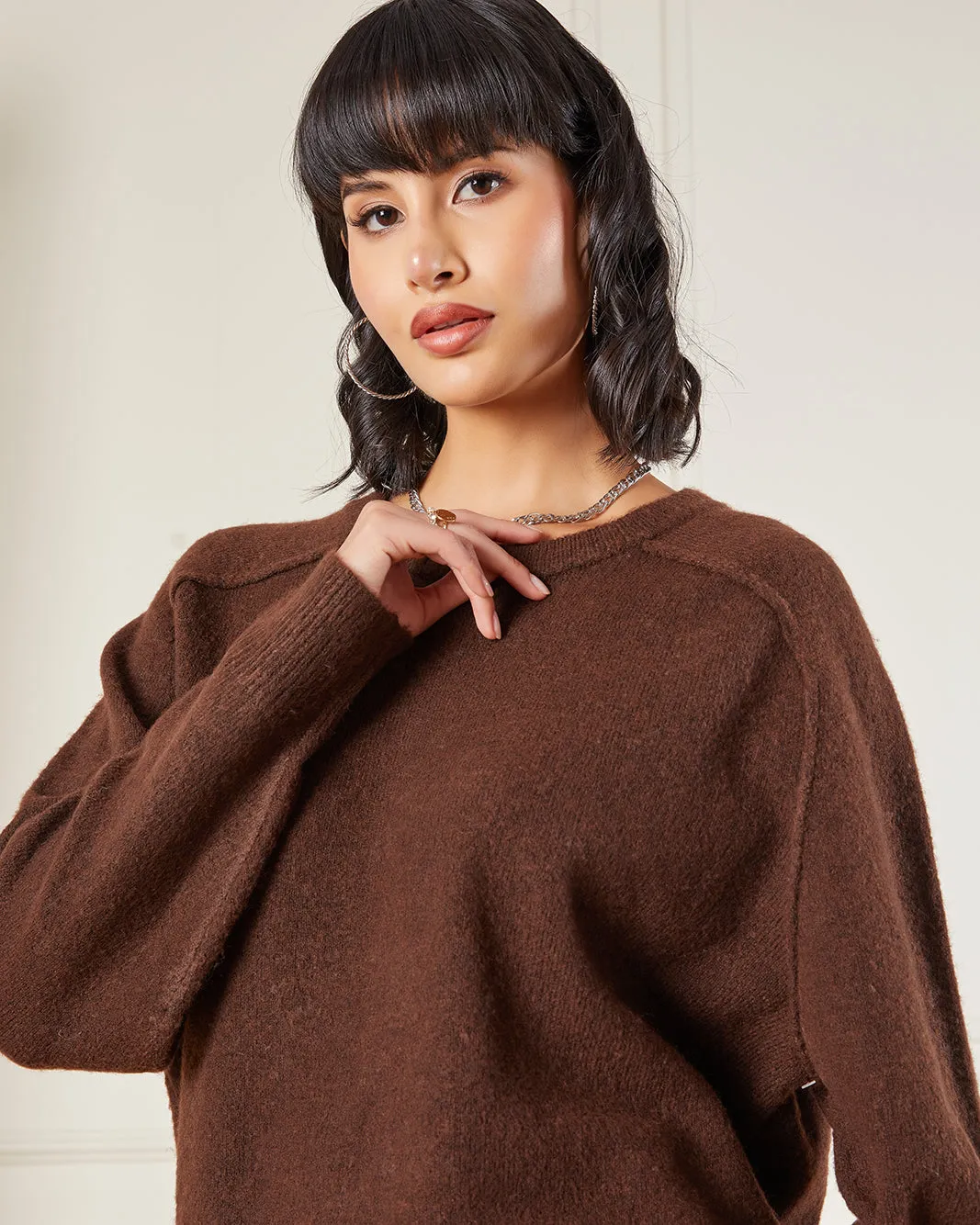 Women Brown Oversize Knit Pullover sold by Redtag product image thumbnail 4
