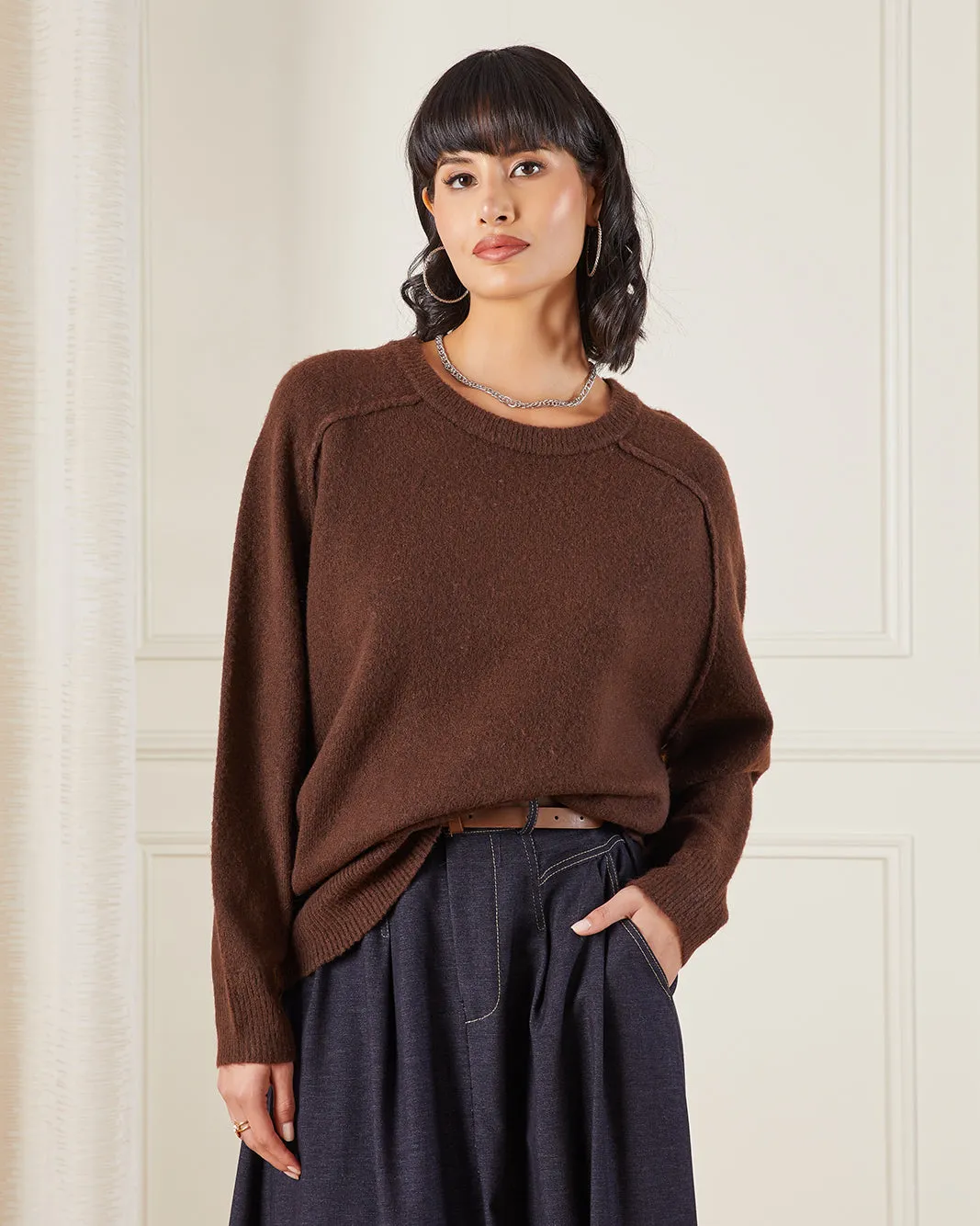 Women Brown Oversize Knit Pullover sold by Redtag