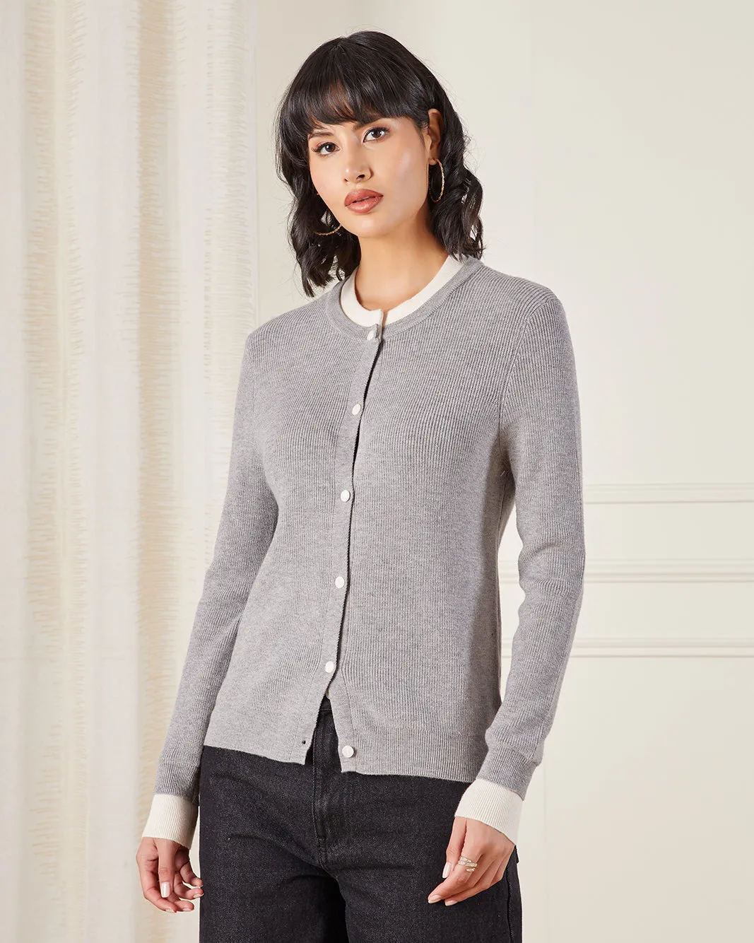 Women Grey Double Layer Knit Cardigan sold by Redtag