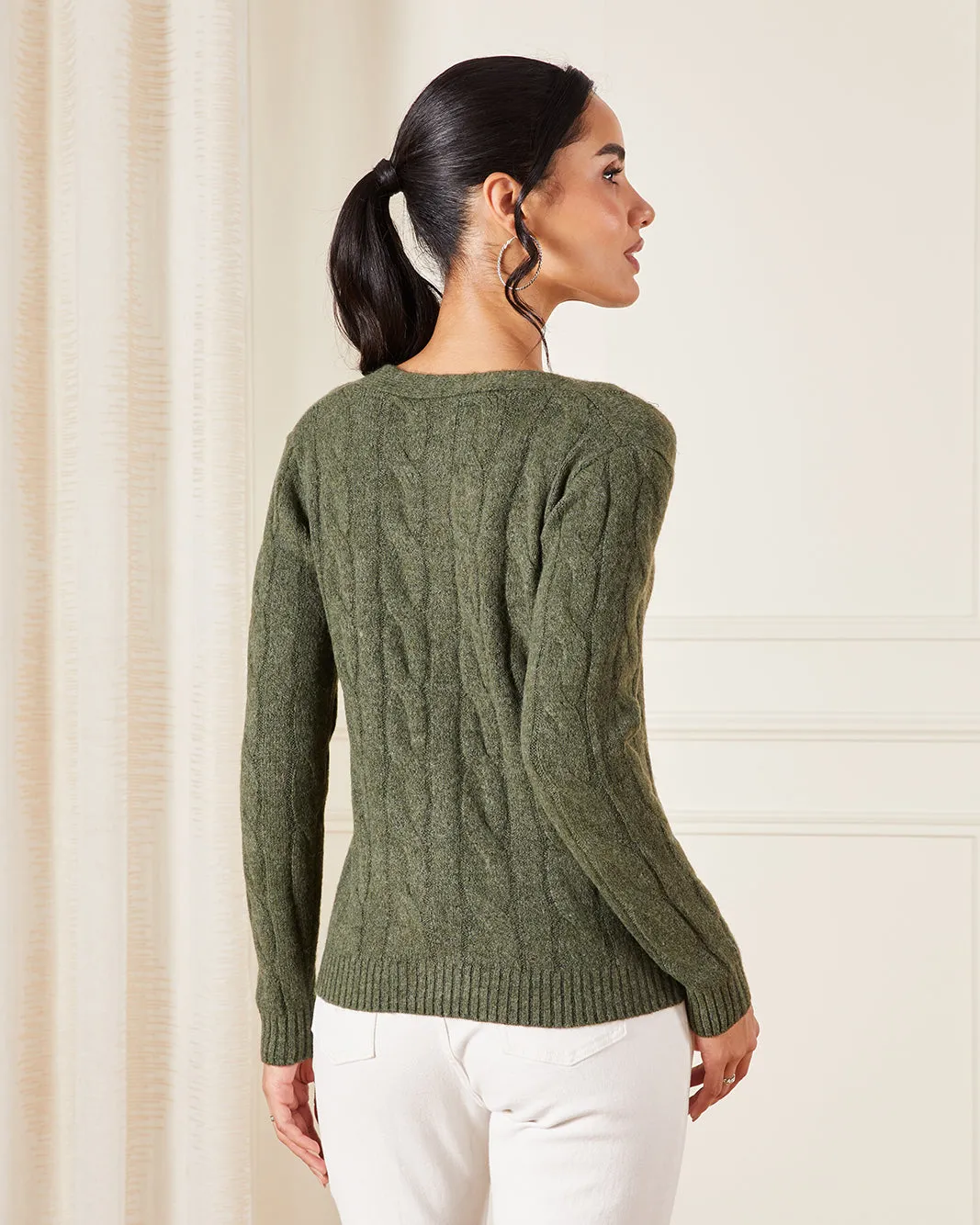 Women Green V-Neck Cable Knit Cardigan sold by Redtag product image thumbnail 3