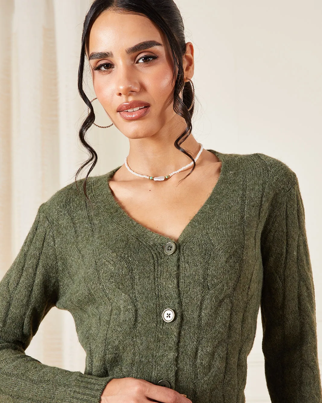 Women Green V-Neck Cable Knit Cardigan sold by Redtag product image thumbnail 4